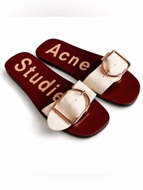 ACNE STUDIOS Odet buckle logo leather slide sandals cream ecru size 8
